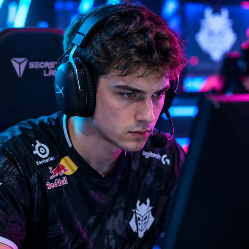Professional esports player in a team jersey and headset focused on a monitor during a match