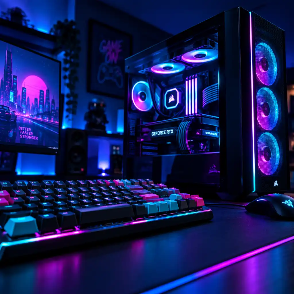High-end gaming PC with cyan and magenta RGB lighting and a mechanical keyboard in a dimly lit room