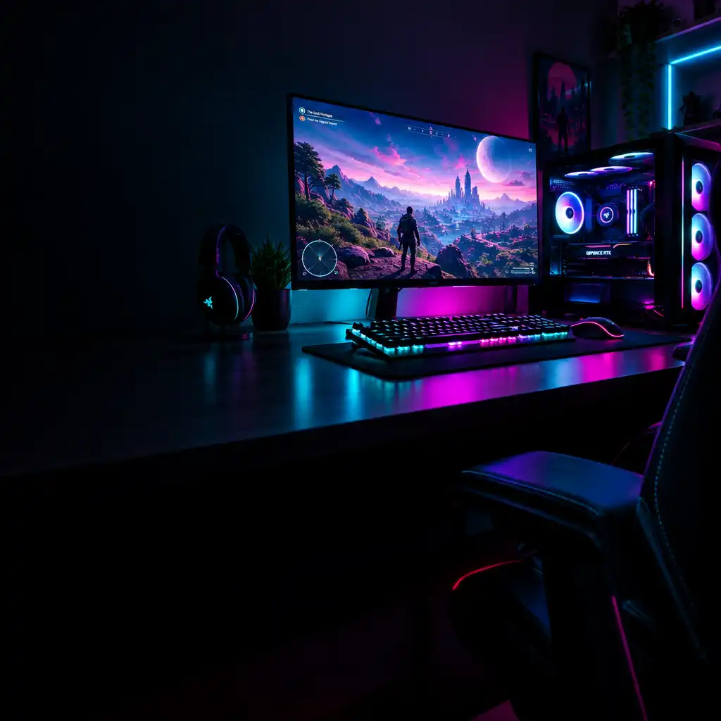 A moody gaming setup with RGB lighting, mechanical keyboard, and a large monitor displaying a colorful game in a dark room