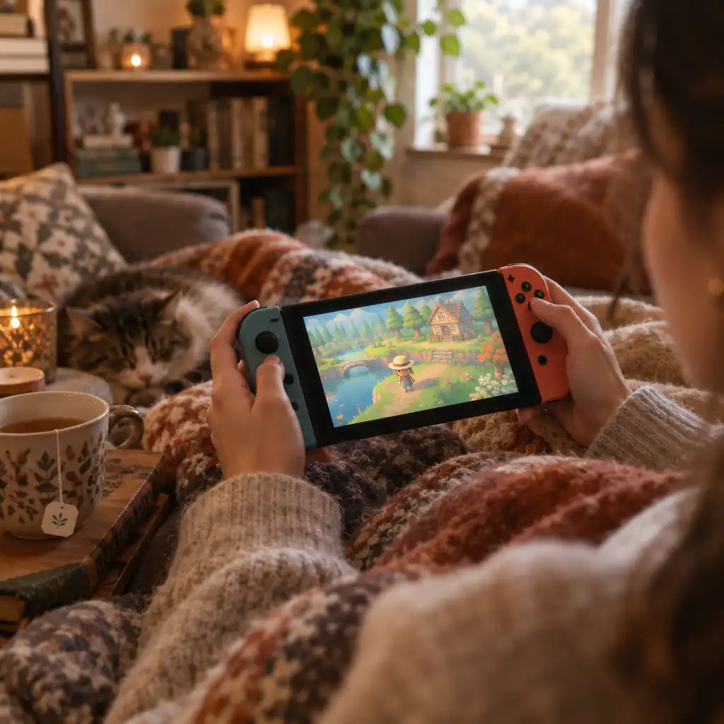 A person plays a cozy handheld game while wrapped in soft blankets beside a cup of tea.
