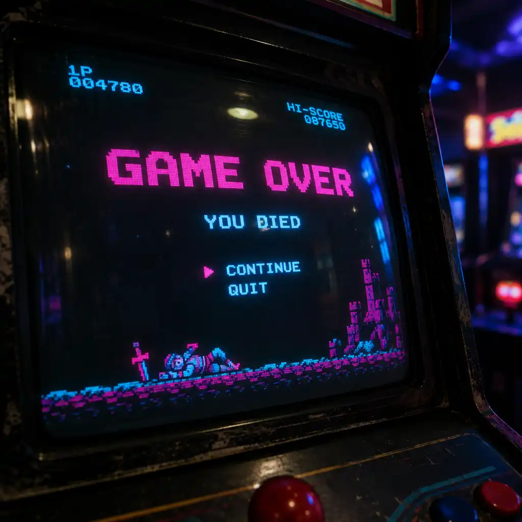 A retro arcade cabinet screen displays GAME OVER in glowing pixel text.