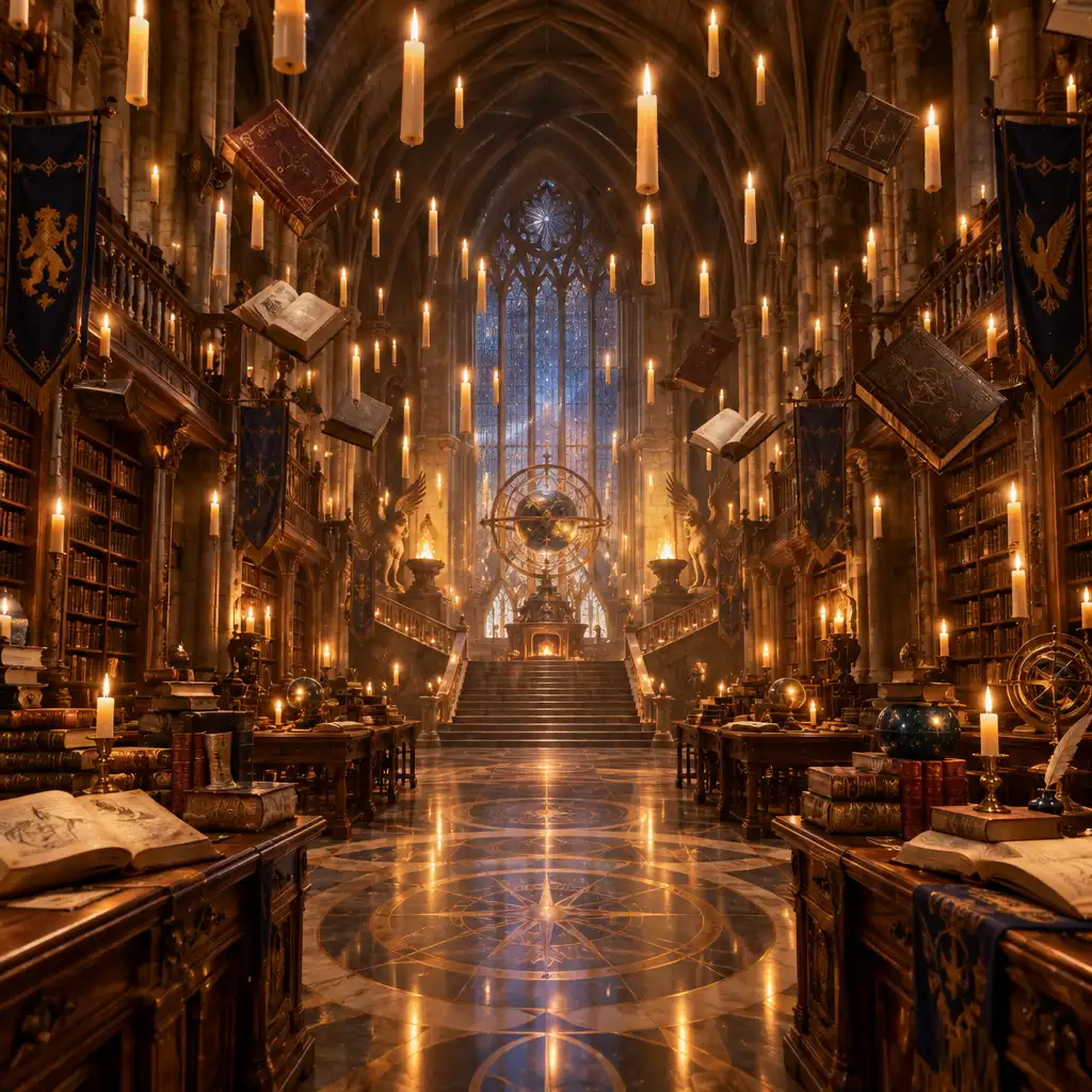 Magical castle interior with floating candles and ancient books in Hogwarts Legacy.