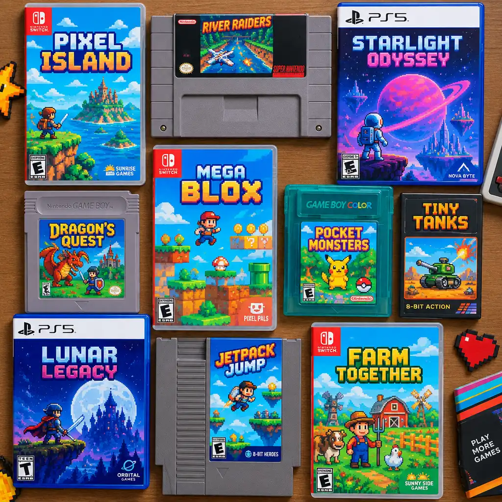 A grid of modern retro-inspired game cases and cartridges