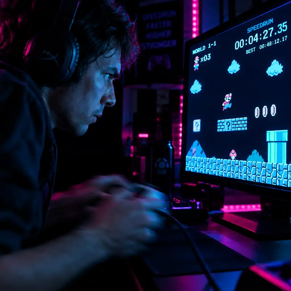 A speedrunner focused on a retro platformer with a timer on screen